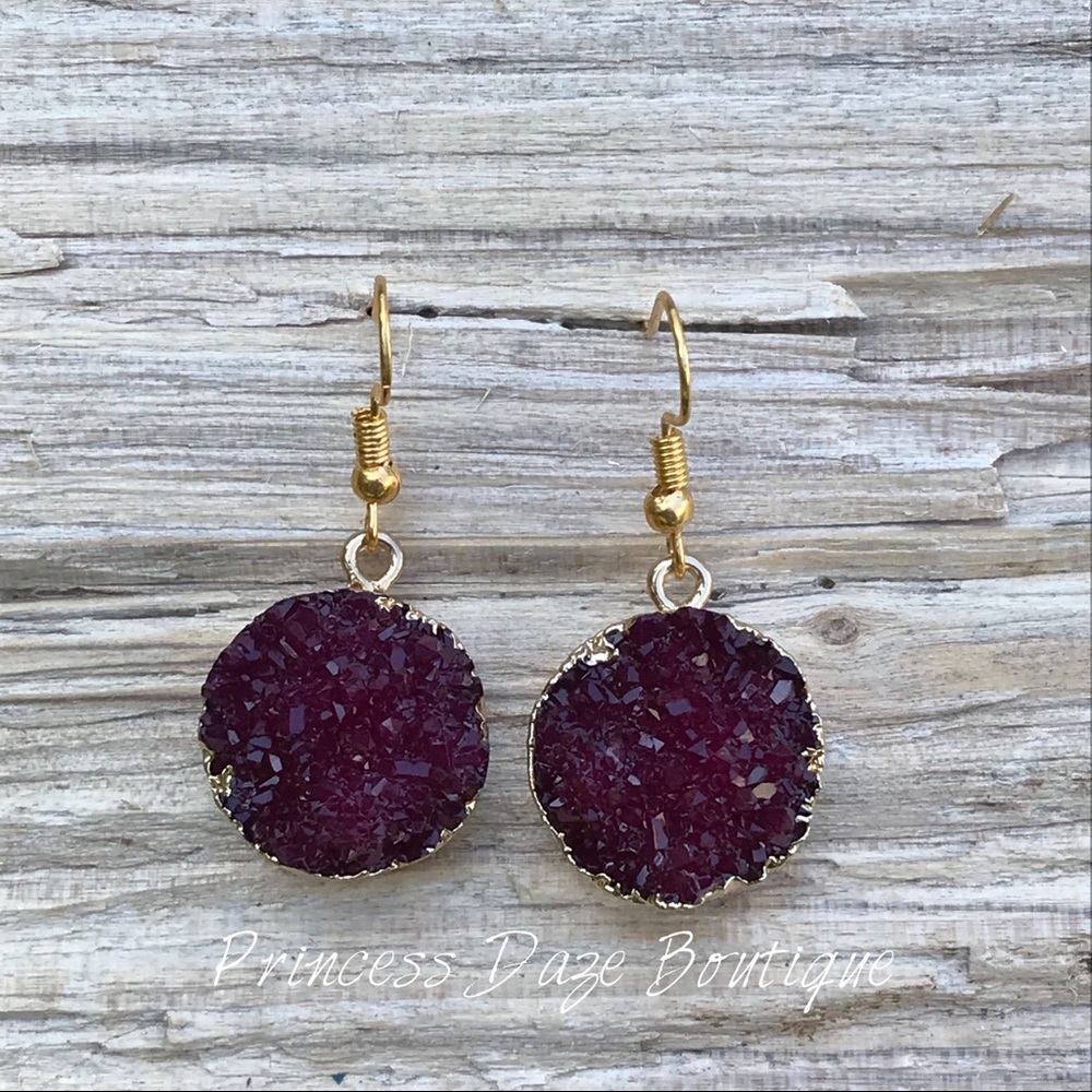 Gold Maroon Druzy Stone Dangle Earrings‎